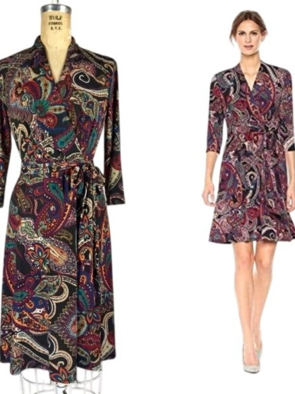Nicole Miller Studio Paisley Matte Jersey Knit Surplice Faux Wrap Dress